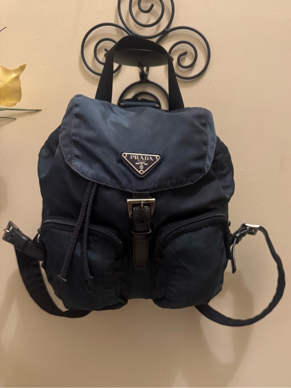 Authentic Prada Tessuto Vela Nylon Double Pocket Small Backpack Navy Blue